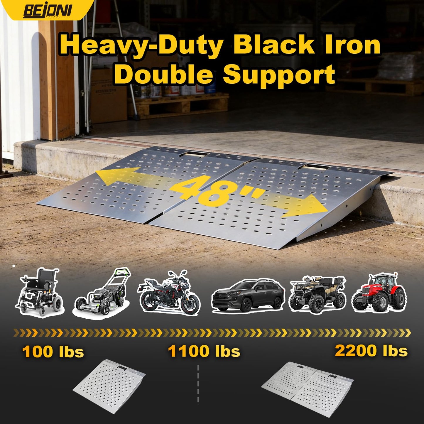 BEJONI Shed Ramp for Riding Mower, 29''L x48''W, 2200 lbs Capacity, Elliptical Hole Shed Ramp for Doorways, Handicap Loading Ramp for Riding Mower, Garages, Barns, ATV, Lawnmower, Golf Cart, 2 Pcs