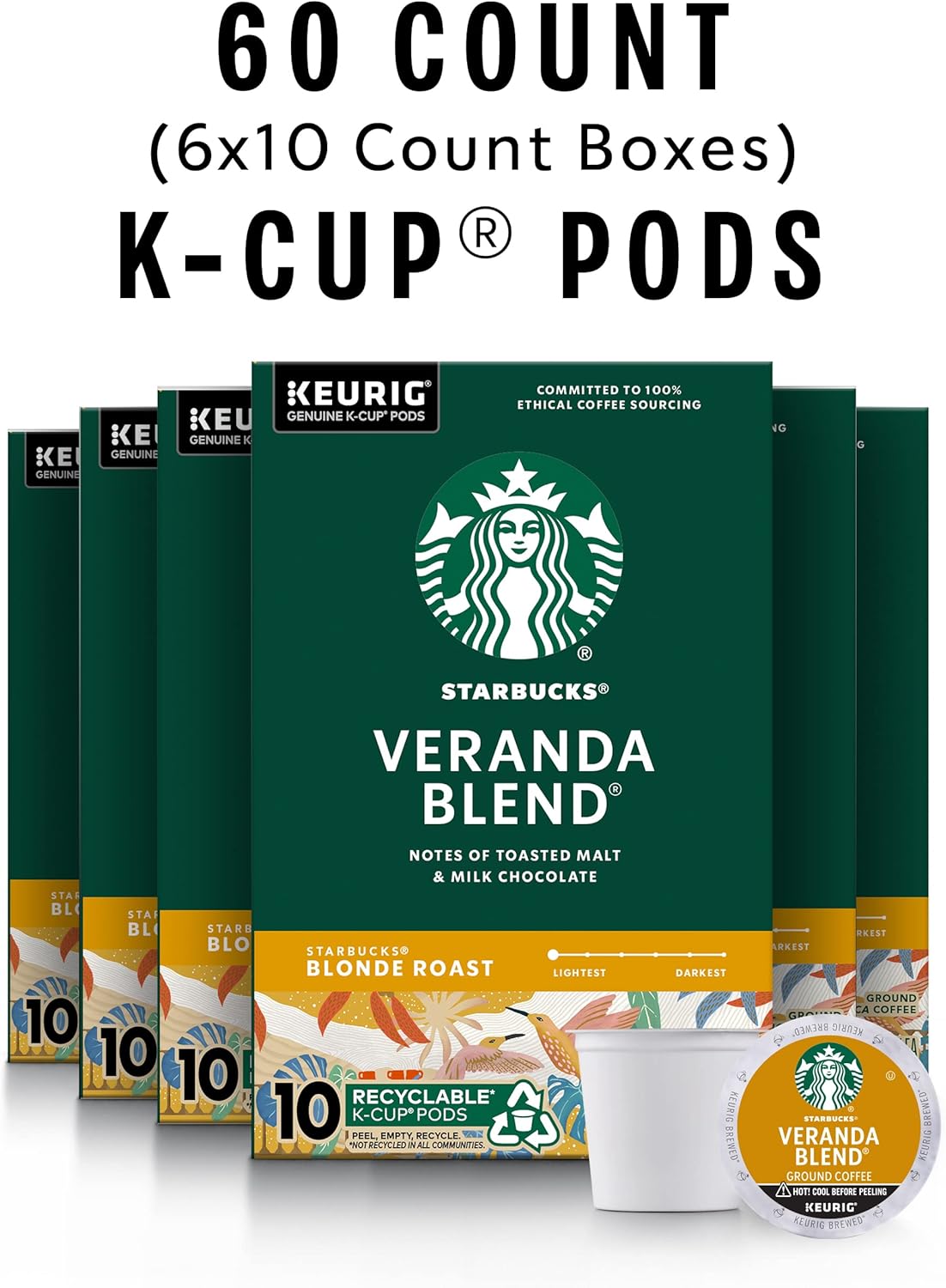 Starbucks K-Cup Coffee Pods - Blonde Roast Veranda Blend for Hot or Iced Coffee | 60 Count