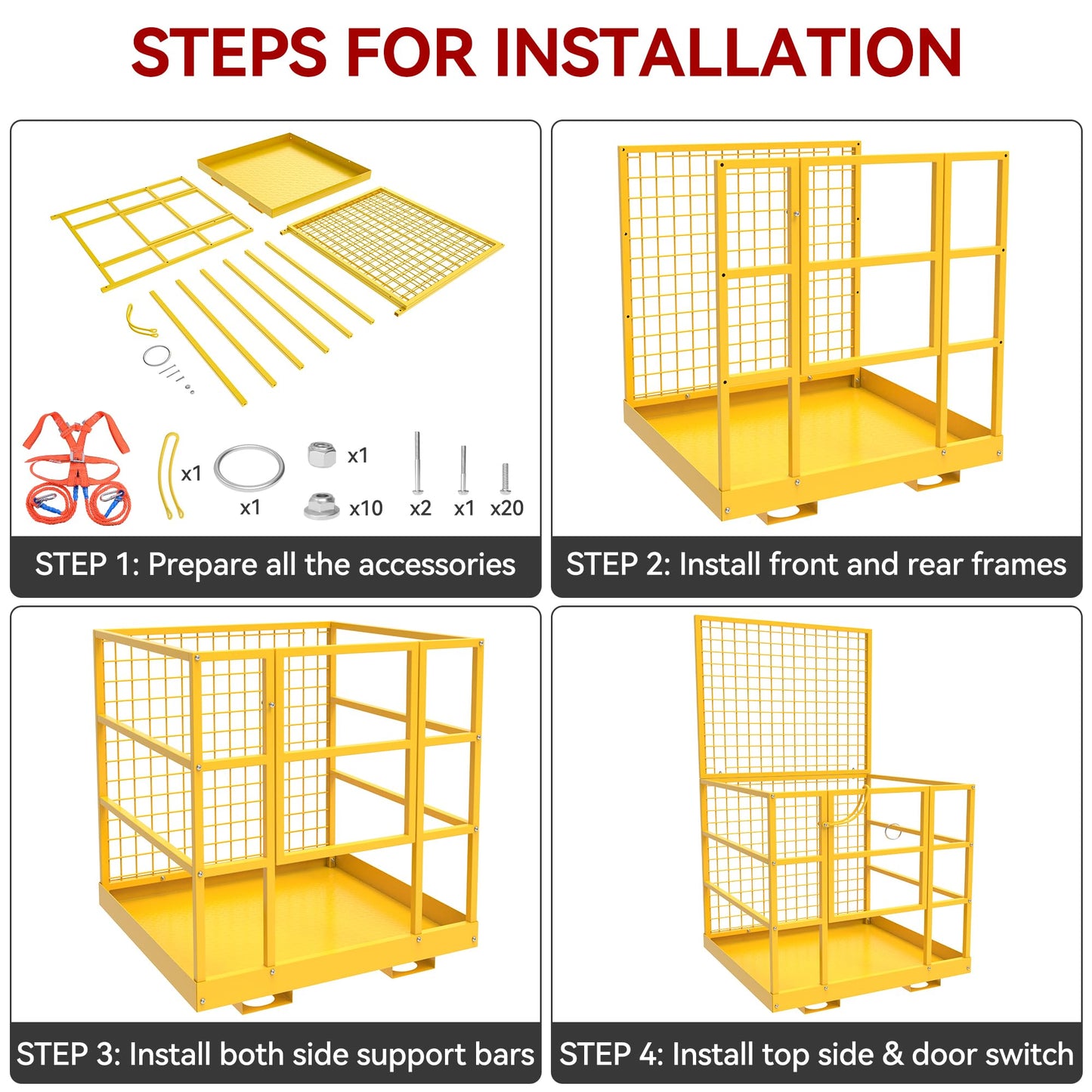 YITAMOTOR 43"x45" Forklift Safety Cage, 1400lbs Forklift Man Basket Work Platform with Safety Strap, Heavy Duty Collapsible Lift Cage for Most Aerial Jobs
