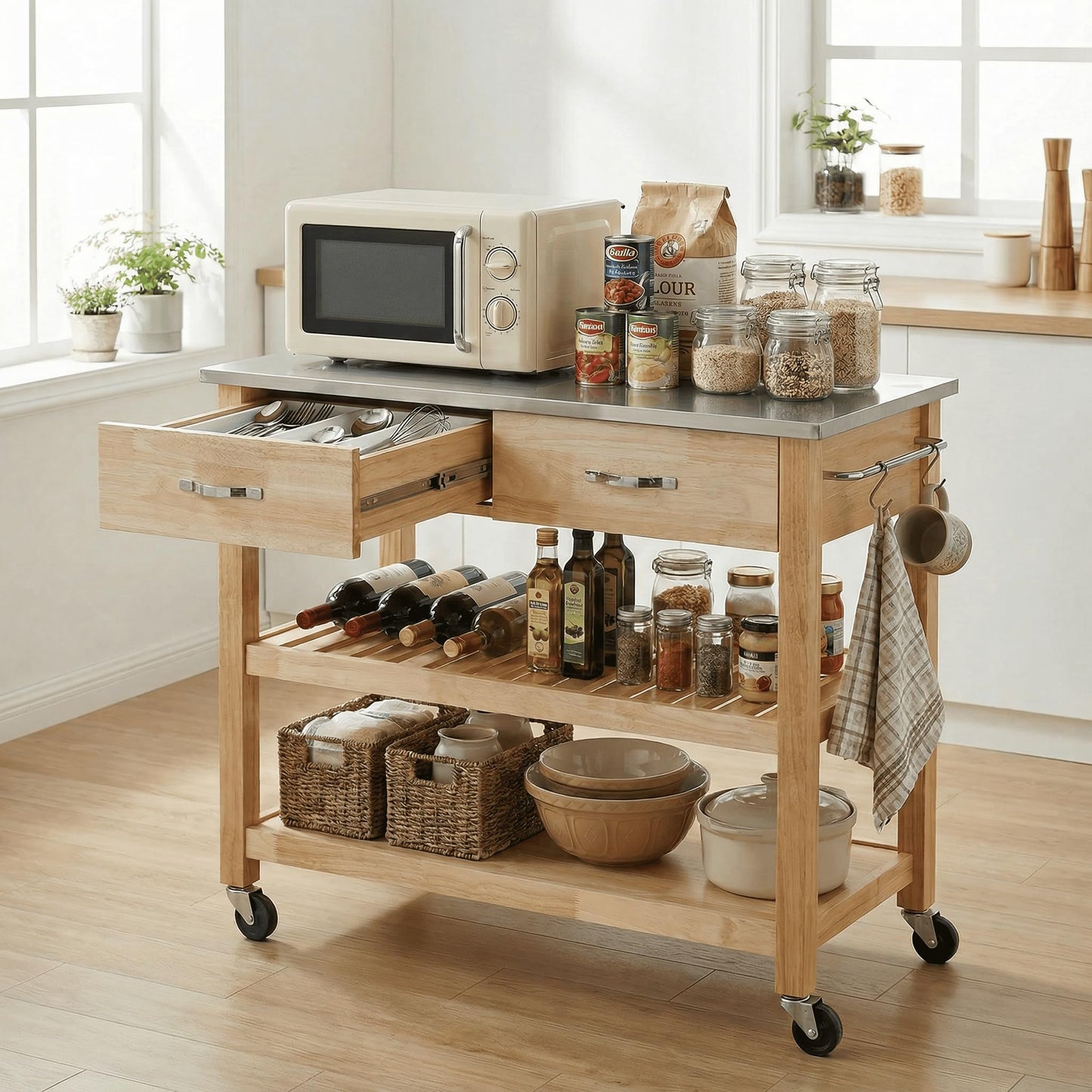 Casaphoria Amanda Collection Solid Wood Kitchen Island, 42" Butcher Block Cart with Stainless Steel Top & Locable Wheels, Prep Table for Small Spaces (Natural)