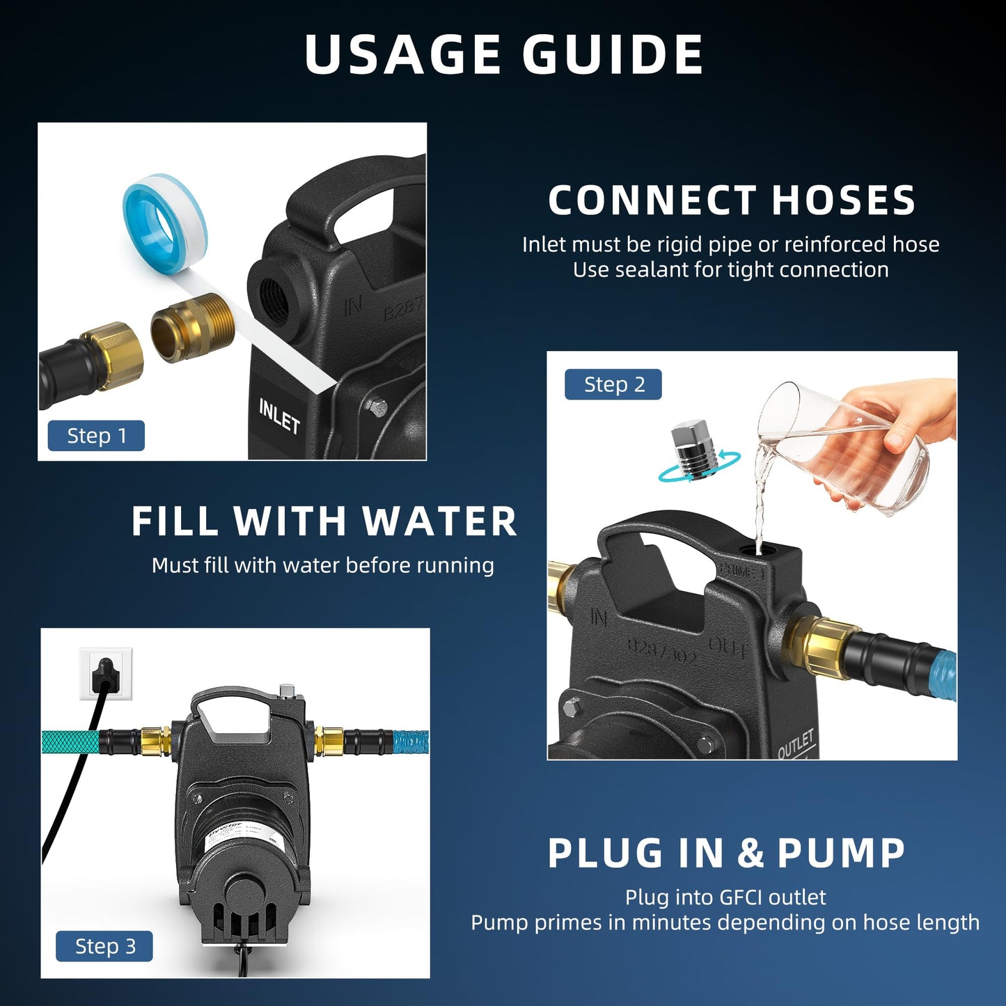 Bywter 115V Cast Iron Transfer Pump, 1/2HP Heavy Duty Transfer Water Pump, 1320 GPH Portable Utility Pump with Brass Connectors, for Irrigation, High-Pressure Cleaning, and Draining