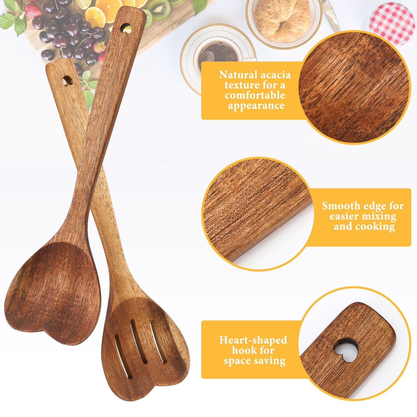 Patelai 2 Pcs Wooden Heart Spoon Set for Cooking Acacia Heart Shaped Wooden Spoonlong Handle Christmas Kitchen Utensils Gifts for Wife Grandma Moms Hostesses Cooks Housewarming Wedding Decoration