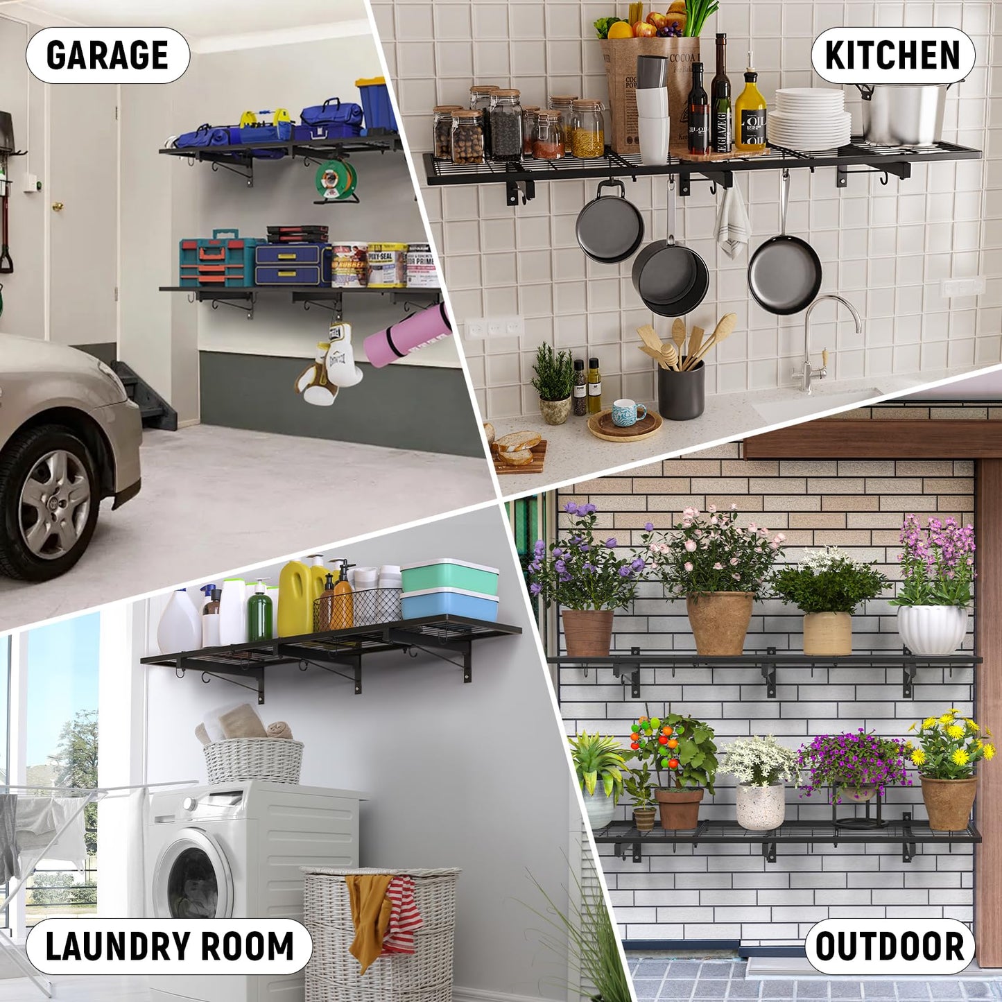 2 Pack Garage Wall Shelves, 46"X 12.5" Garage Shelving Wall Mounted, Heavy Duty Shelf Organizer with 8 Hooks, Black Floating Storage Metal Rack 320 LBS Capacity for Laundry Room, Office, Basement