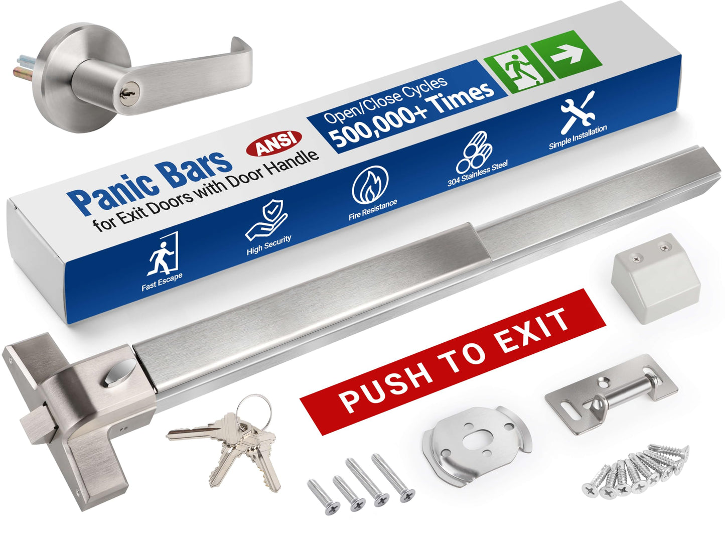 Push Bar Panic Exit Device for Emergency Exit Doors with Door Handle- 304 Stainless Steel Panic Bars for Exit Doors, 38" Commercial Push Bar Panic Exit Device for 39”-53” Wood/Metal Door (Silver)