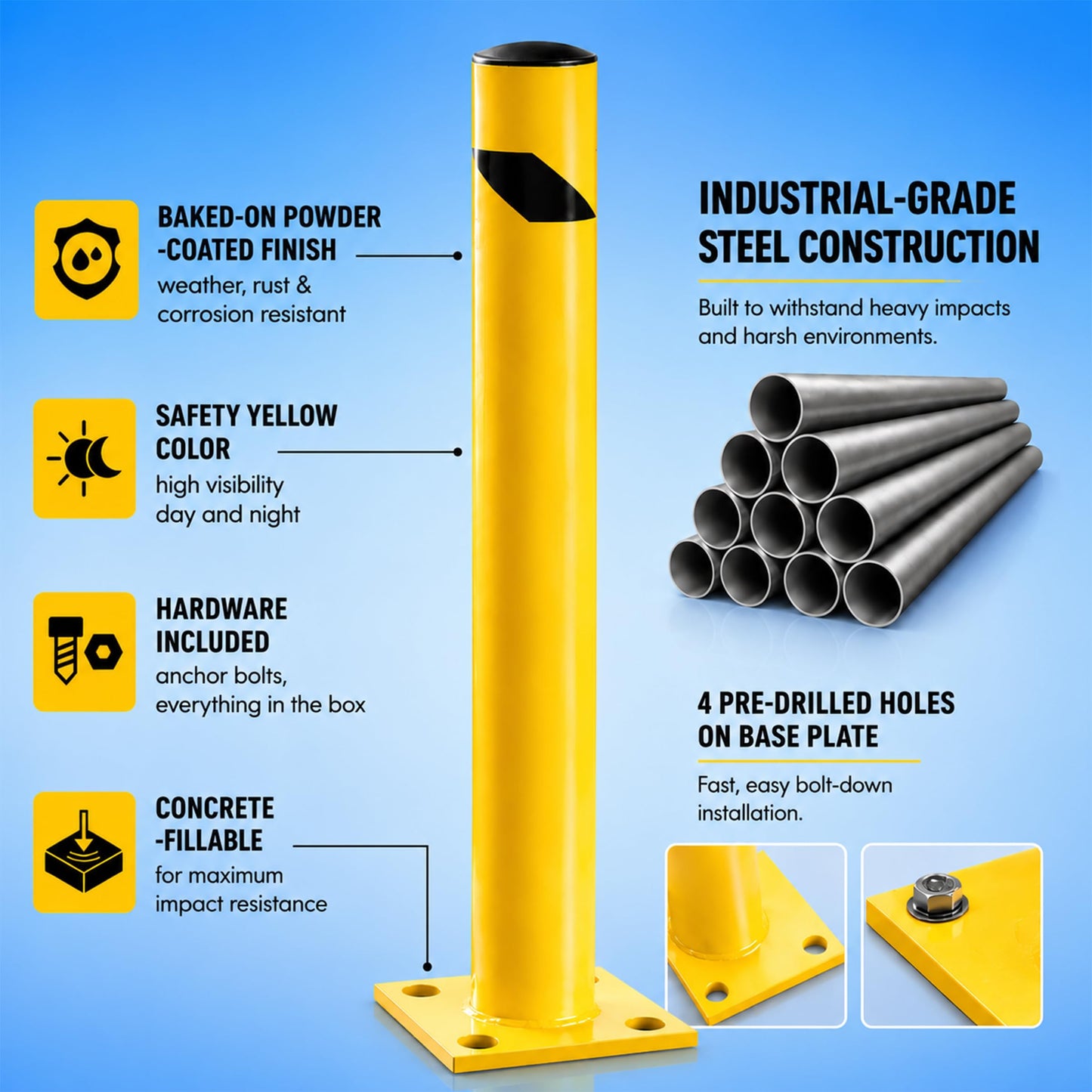 Trafford Industrial Yellow Powder-Coated Steel Safety Bollard, Heavy-Duty Bollard Post, Parking Barrier for Traffic Safety and Access Control, Hardware Included