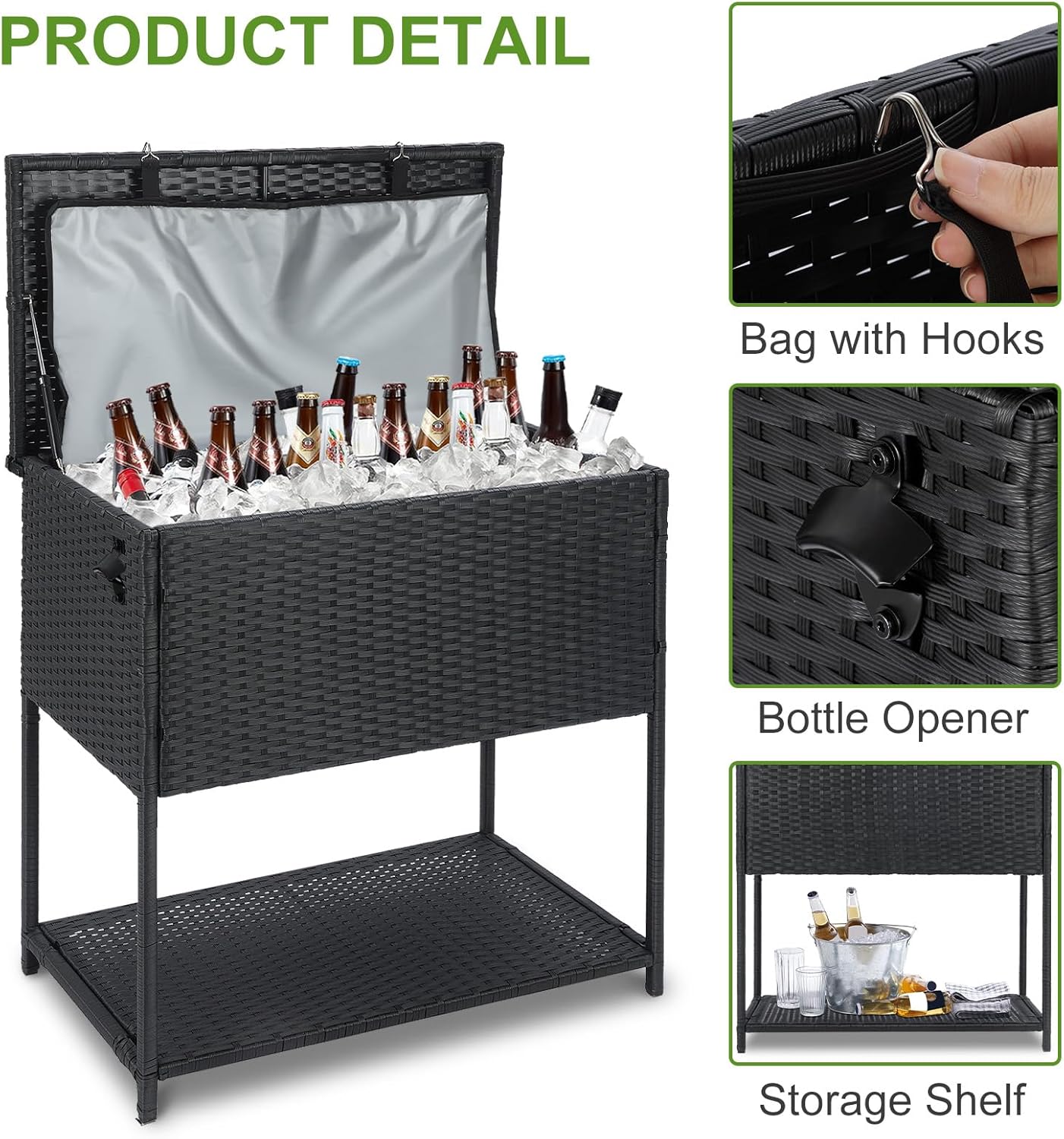 Skiennix 80 Quart Ice Chest Cooler Cart - Outdoor Beverage Stand with Bottle Opener for Parties & Patios