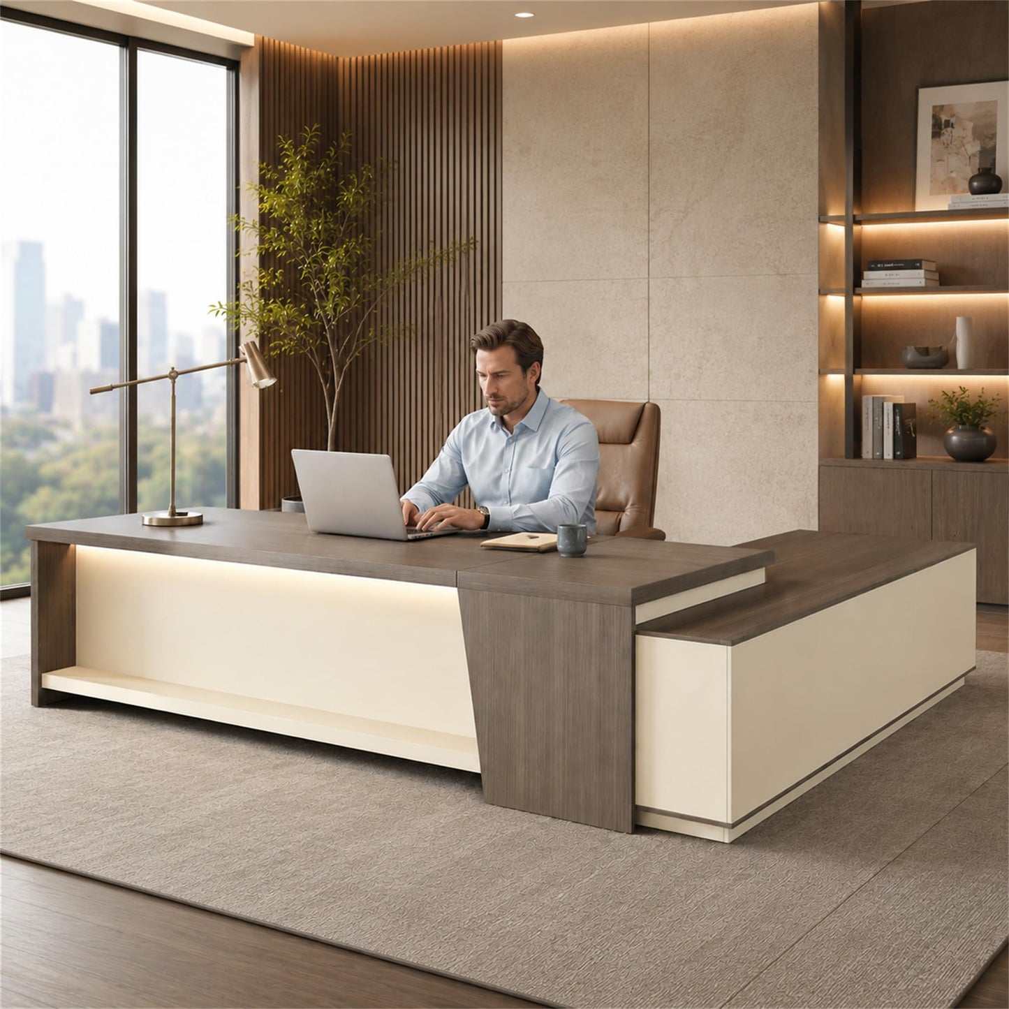 79-Inch L Shaped Executive Desk with Drawers, Large Modern Office Desk with Storage Shelves, LED Lighting, Built-in Power Outlet & USB Ports, Home Office Desk, Smoked Oak & Cream White, Left Return
