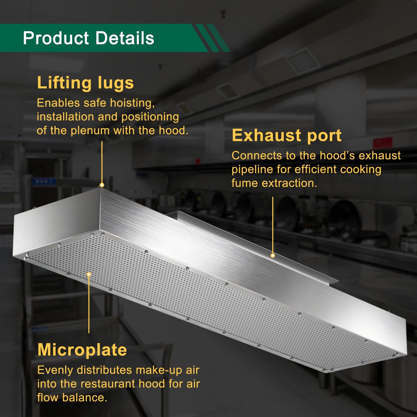 6ft Perforated Supply Plenum for Commercial Exhaust Hood–Makeup Air Hood Stainless Steel Air Supply Plenum with Microplate, Lifting Lugs & Single Exhaust Port