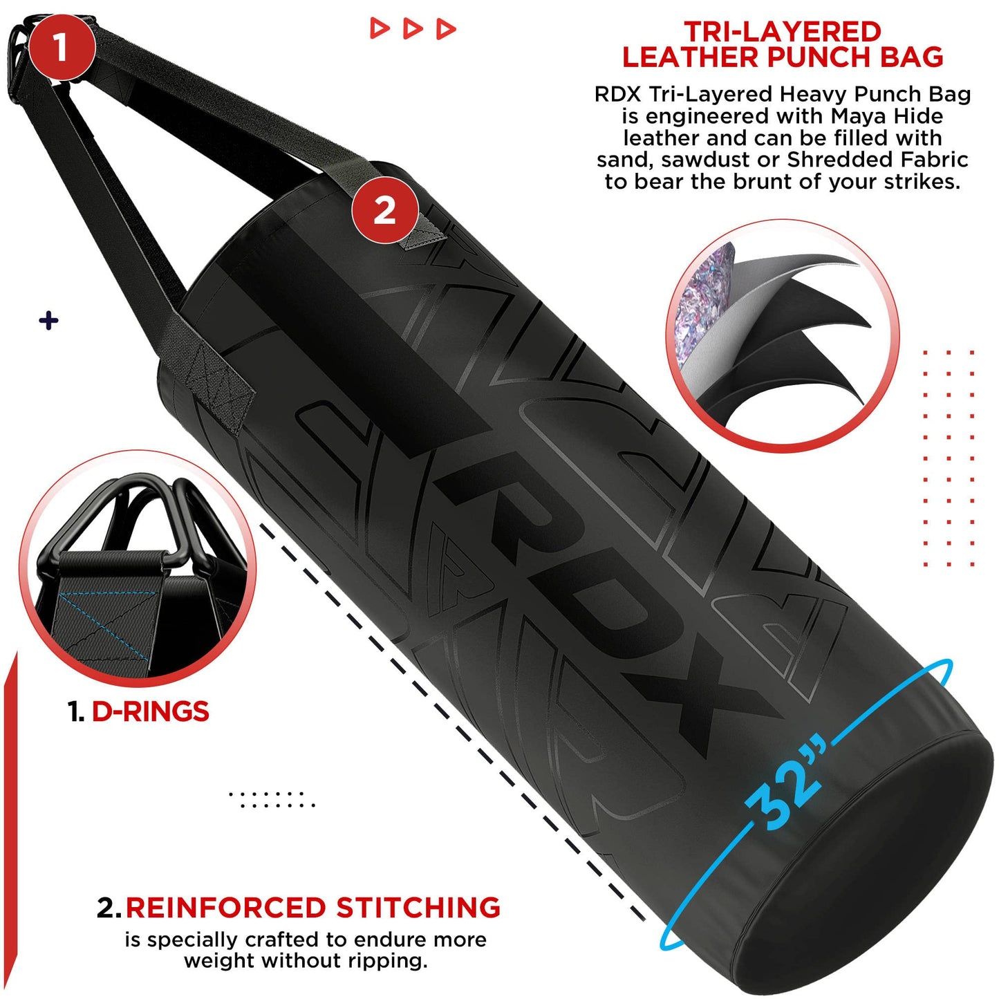 RDX Kids Unfilled Punching Bag Set 2FT, Non Tear Maya Hide Leather Kara Junior Hanging Bag for Kickboxing MMA Muay Thai Taekwondo Karate BJJ Strength Training, Home Gym Equipment