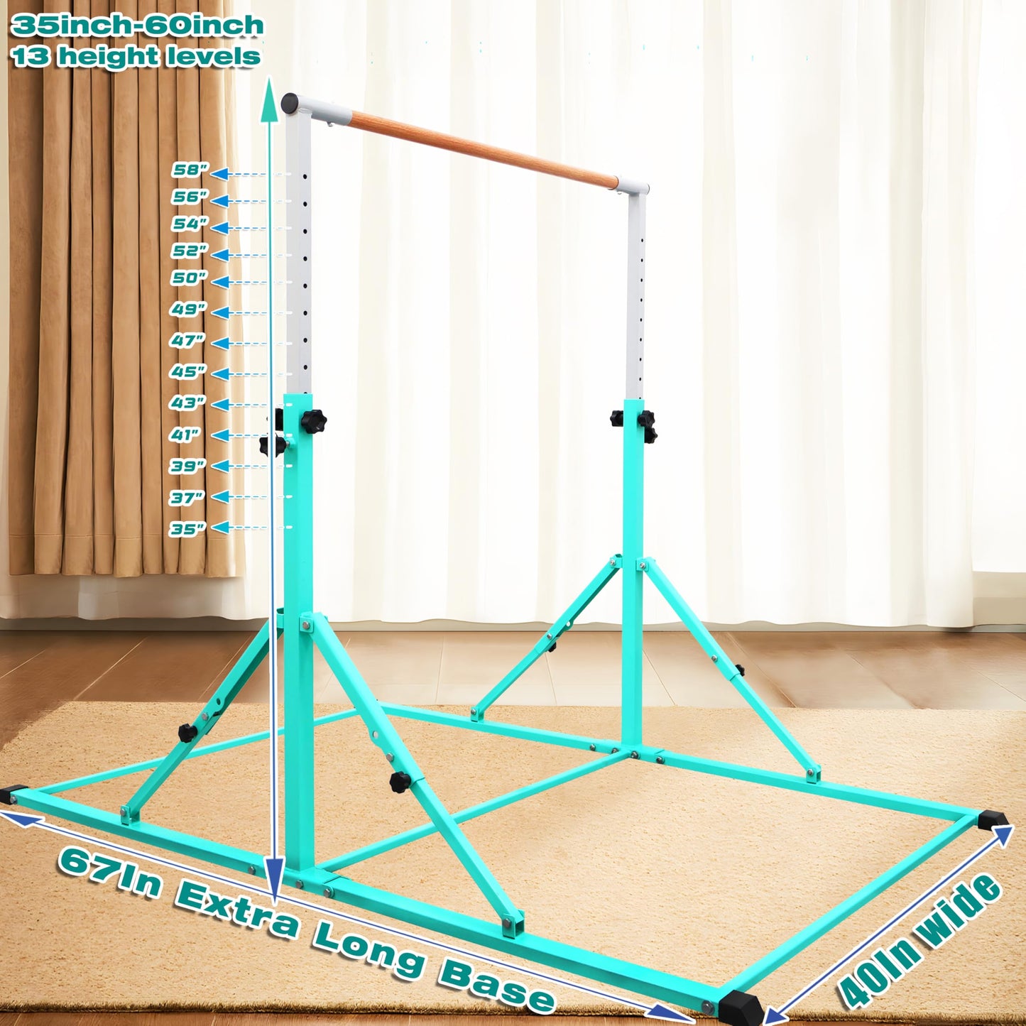 PreGymnastic Foldable Gymnastics Bar, 5.6FT Horizontal Bars for Kids 3-12, Weight Limit 350 LBS, Adjustable kip Bar, Children Home Gym Equipment (Teal)