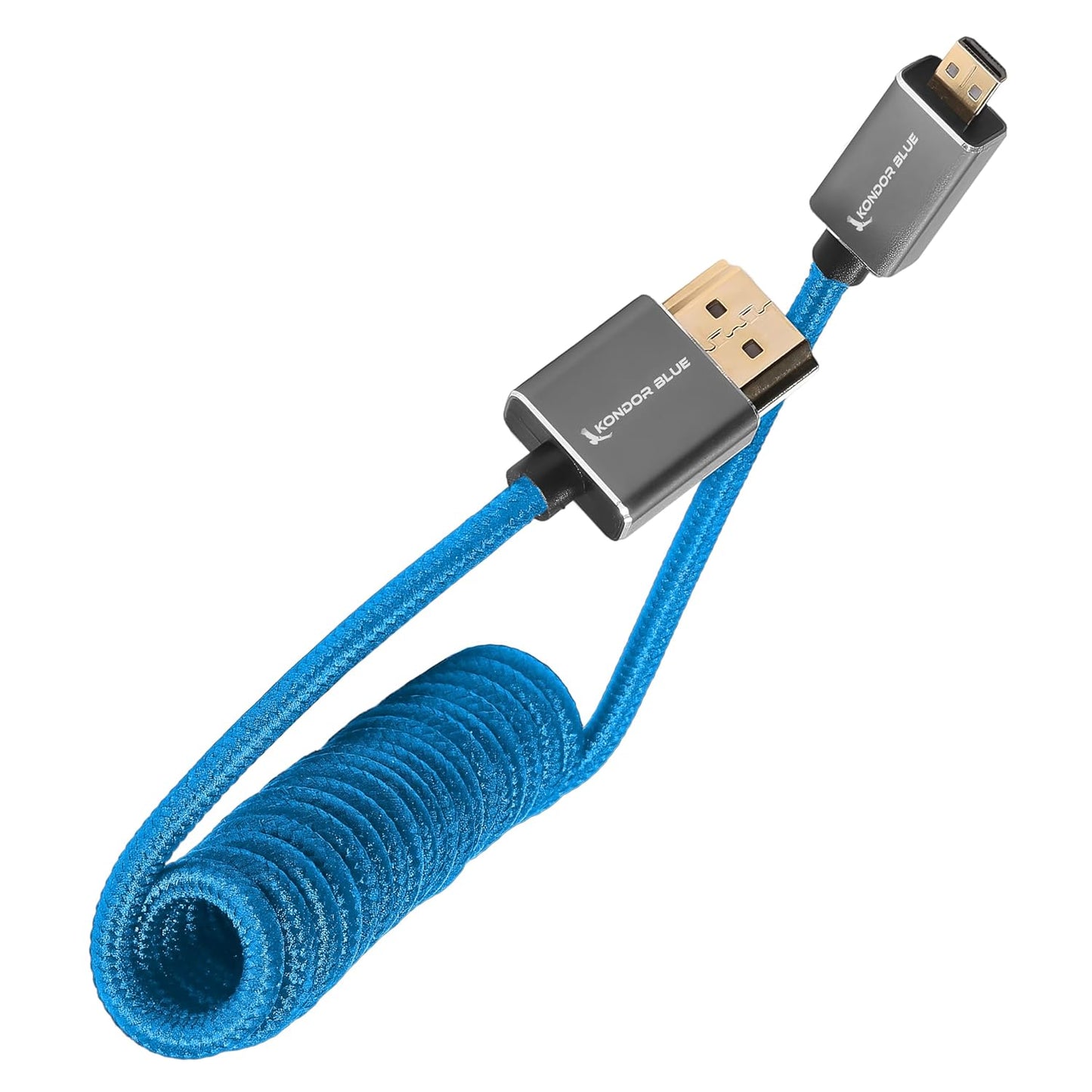 2.0 12-24 4K 60Hz 18Gbps 3D, KONDOR BLUE | Micro HDMI (Type D) to Full HDMI (Type A) Coiled Cable Braided | HDR