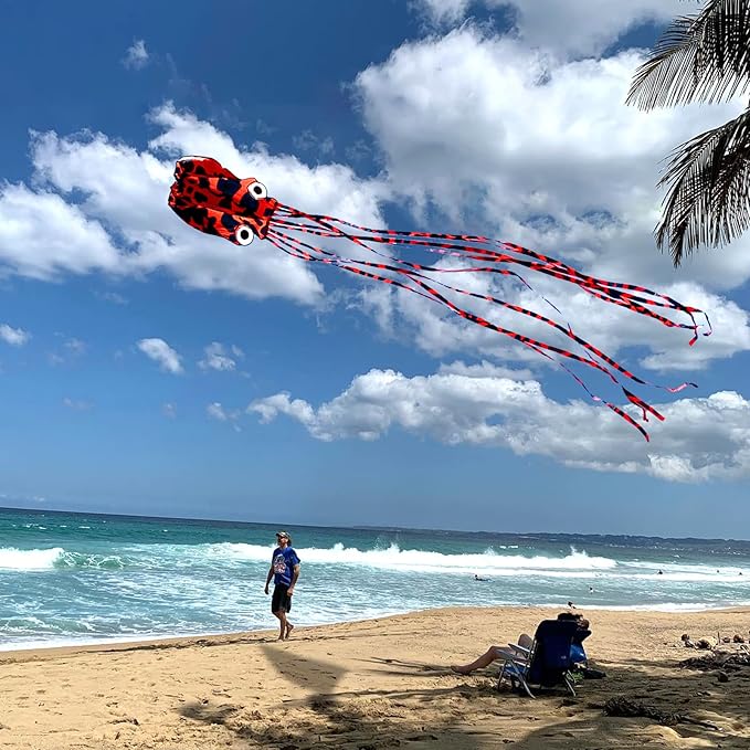 Octopus Kites for Kids & Adults Easy to Fly, 24”x 158” Large Soft Kite Kit for Boys and Girls, Single Line 3D Beach Kite Set for Teens,Perfect for Outdoor Activities
