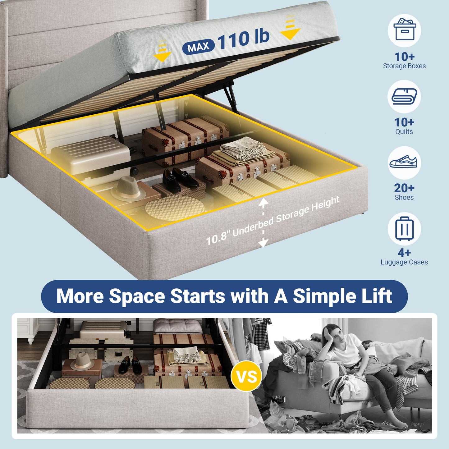 Allewie Queen Size Lift Up Storage Bed, Modern Wingback Headboard, Hydraulic Support, No Box Spring Needed, Light Beige