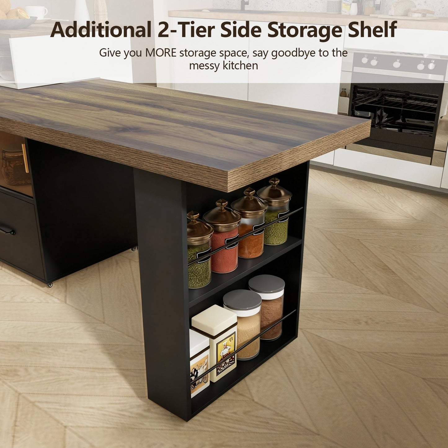 Kitchen Island with Extendable Table,Rolling Kitchen Table with Storage & Seating,Built in Power Outlet, Kitchen Island with Lockable Wheels for Kitchen Island Table with Drawers Rotatable Table Black