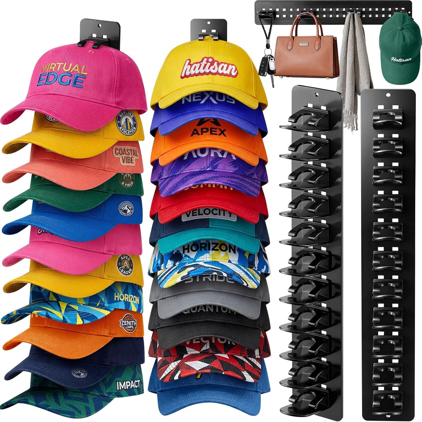 Skiennix Hat Organizer - 2 Pack Detachable DIY Rack for Up to 22 Baseball Caps | Black Wall Holder