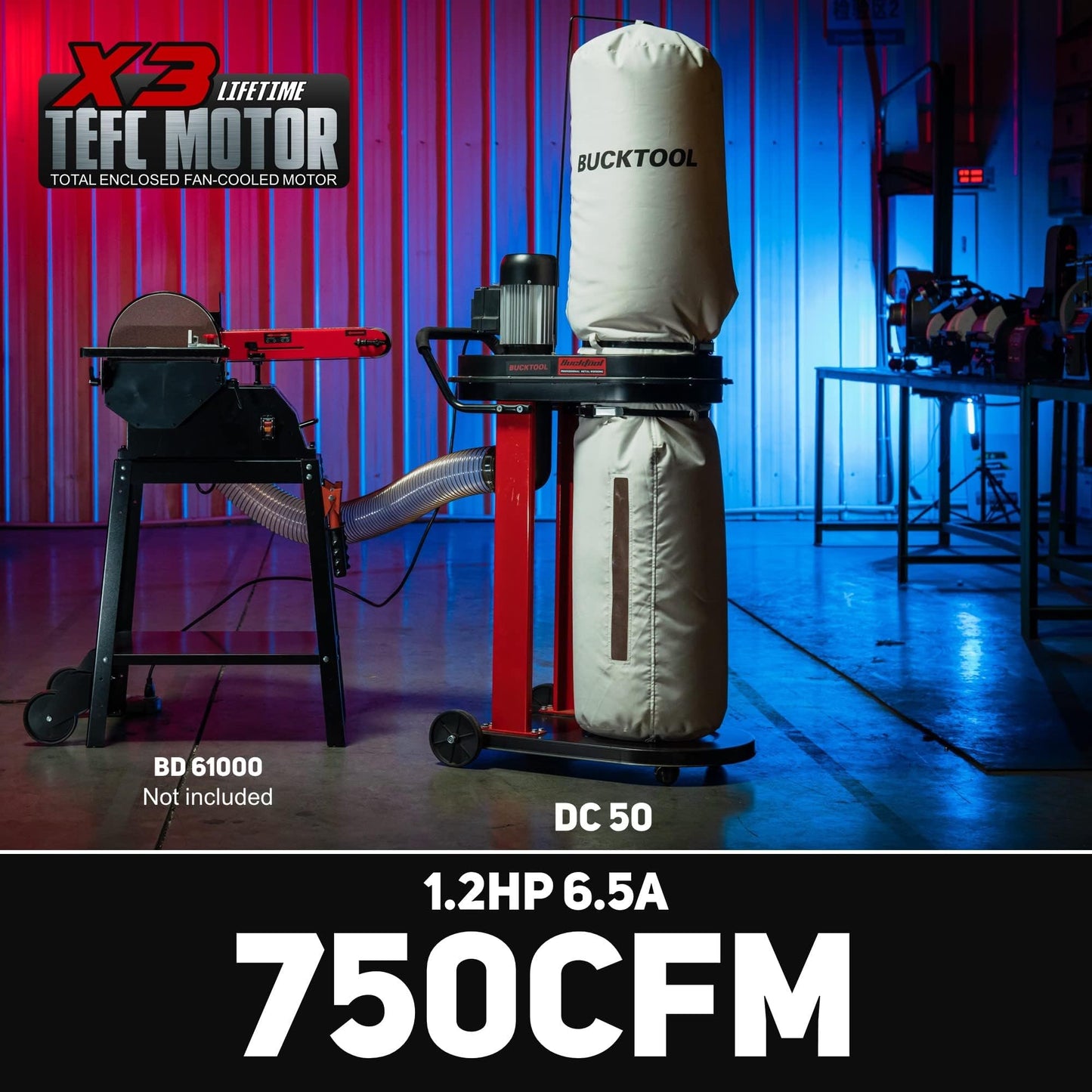 BUCKTOOL 1.2 HP Auto Start 750CFM Dust Collector with 3 Dust Collection Bag,13 Gallon and 5 PCS Reducer for Woodworking