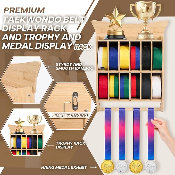 GENMOUS Karate 12 Belts Display Rack for Kids and Adults, Any Trophy and Medal Organizer, Wall Mounted Taekwondo or Martial Arts Belts Storage, Ideal Achievement Showcase for Home Dojo Decoration