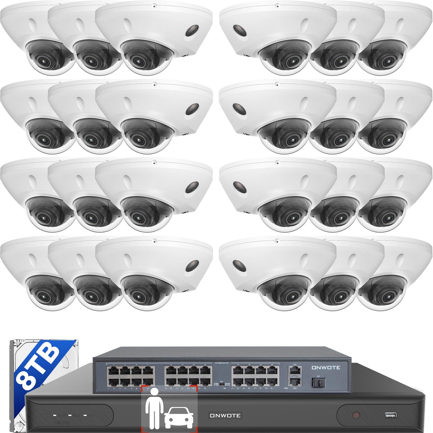 ONWOTE AcuSearch, 2 Way Talk, 12MP NVR 32 Channel Security Camera System, 24x 5MP Vandal-Proof PoE IP Cameras, AI Motion Detection, Color Night, 32CH 6K 4K Commercial NVR 8TB, 4 HDD Ports Support 40TB