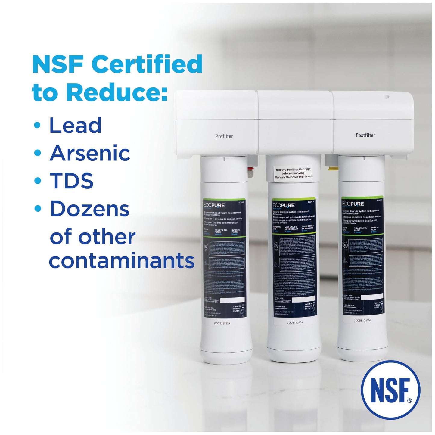 EcoPure ECOP30 Premium Reverse Osmosis System – Under Sink Drinking Water Filter System – NSF-Certified – Reduces Lead, Chlorine, and TDS –Bottled-Quality Water – Easy Filter Changes