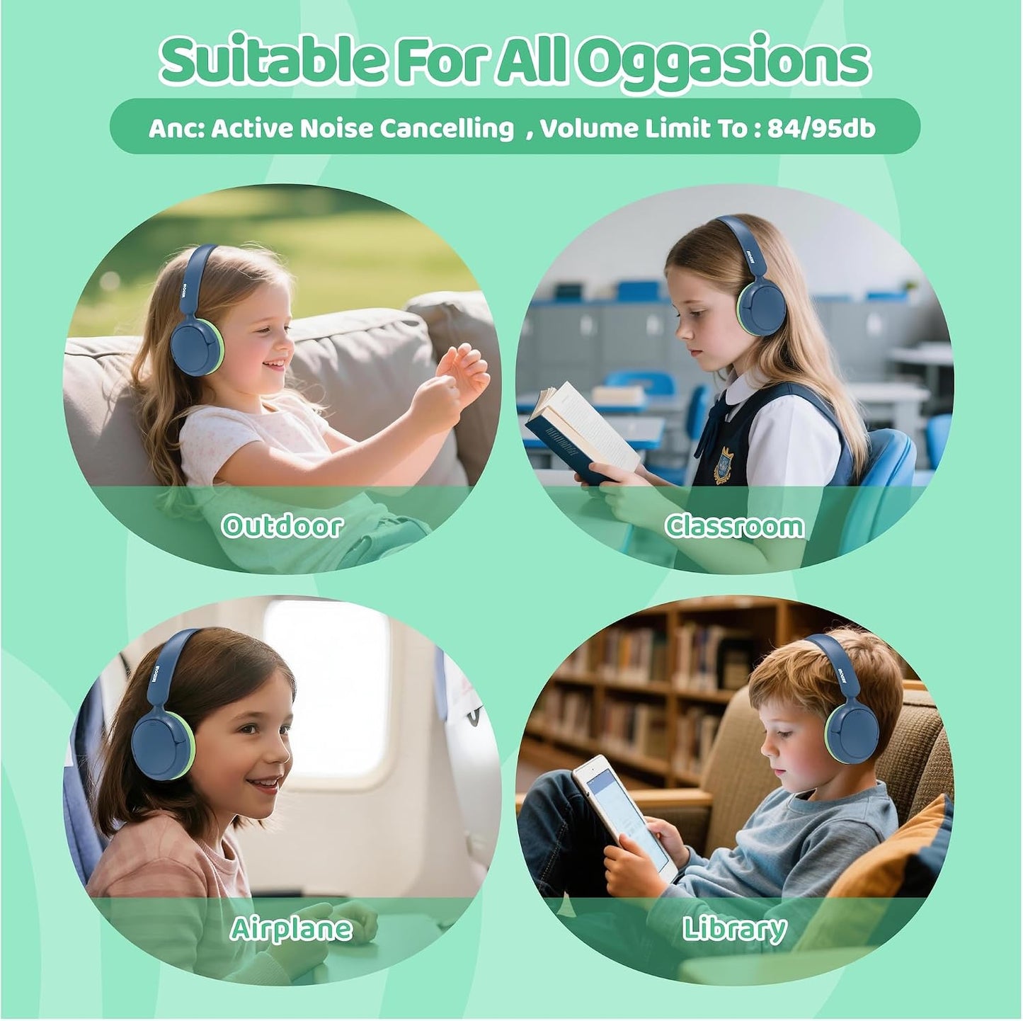 Cancelling,68H 85/94dB MIDOLA Kids Bluetooth Headphones Active Noise Play Time,Lightweight Wireless Foldable Over-Ear