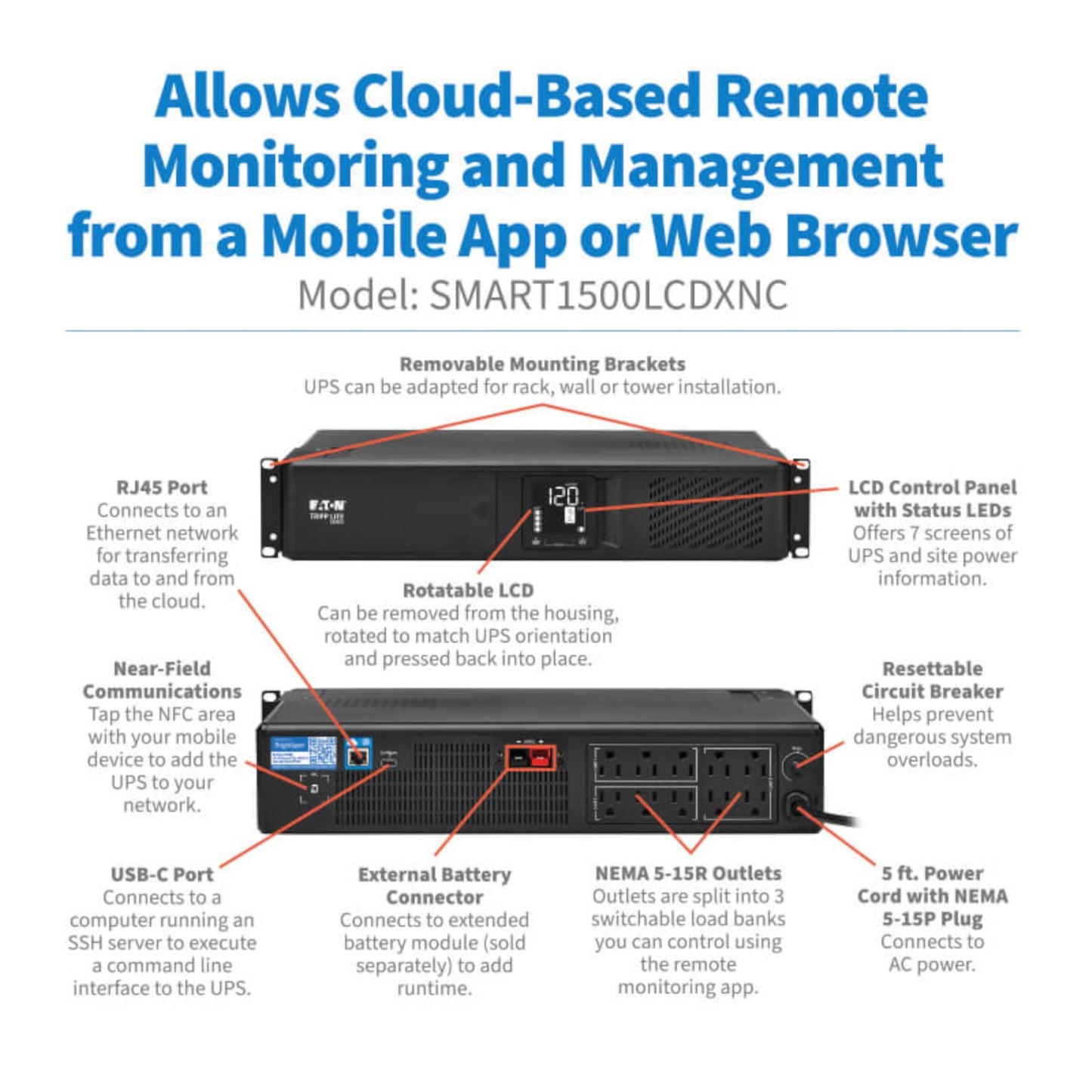 Tripp Lite Eaton Series SMART1500LCDXNC Cloud-Connected 1500VA Rack Mount UPS Battery Backup, Online Remote Management & Monitoring, 1050W 120V, 10 Outlets, Extended Run, 2U Rackmount, 3-Year Warranty