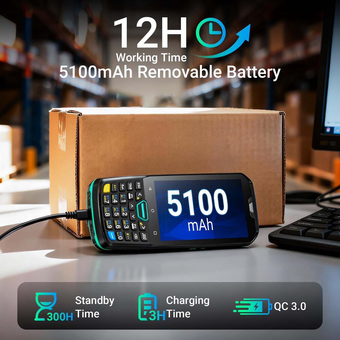iTera Android 13 Barcode Scanner PDA: HS7 Scan Engine 26-Key Keypad 4" Touch Screen MTK 2.0GHz CPU IP67 Rugged 5100mAh Battery for Warehouse Logistics Industrial Use P400
