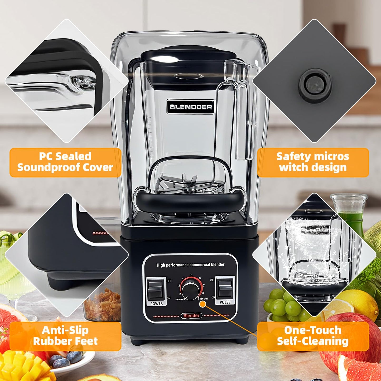 Nalison Commercial Blender Heavy Duty Restaurant, Professional Quiet Blender,1800W Commercial Mixer for Smoothies, Noise Reduction Blenders for Kitchen and Business (Model: G7)