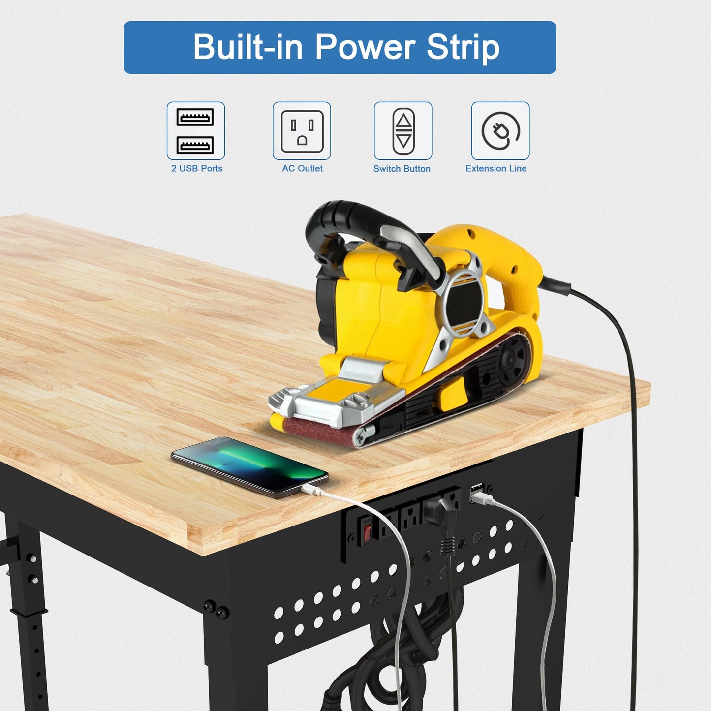 HARDURA 48" Adjustable Wooden Workbench with Wheels, Built-in Power Outlets, 1320 lb Load Capacity for Workshop