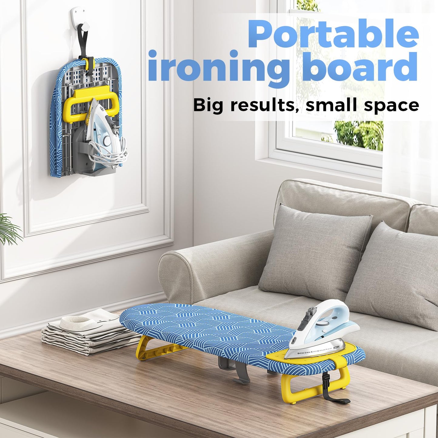 KINGBOARD Tabletop Ironing Board, Small Ironing Board with Iron Holder, Foldable Mini Iron Board, Easy Storage for Travel & Dorm, 12x32 Blue