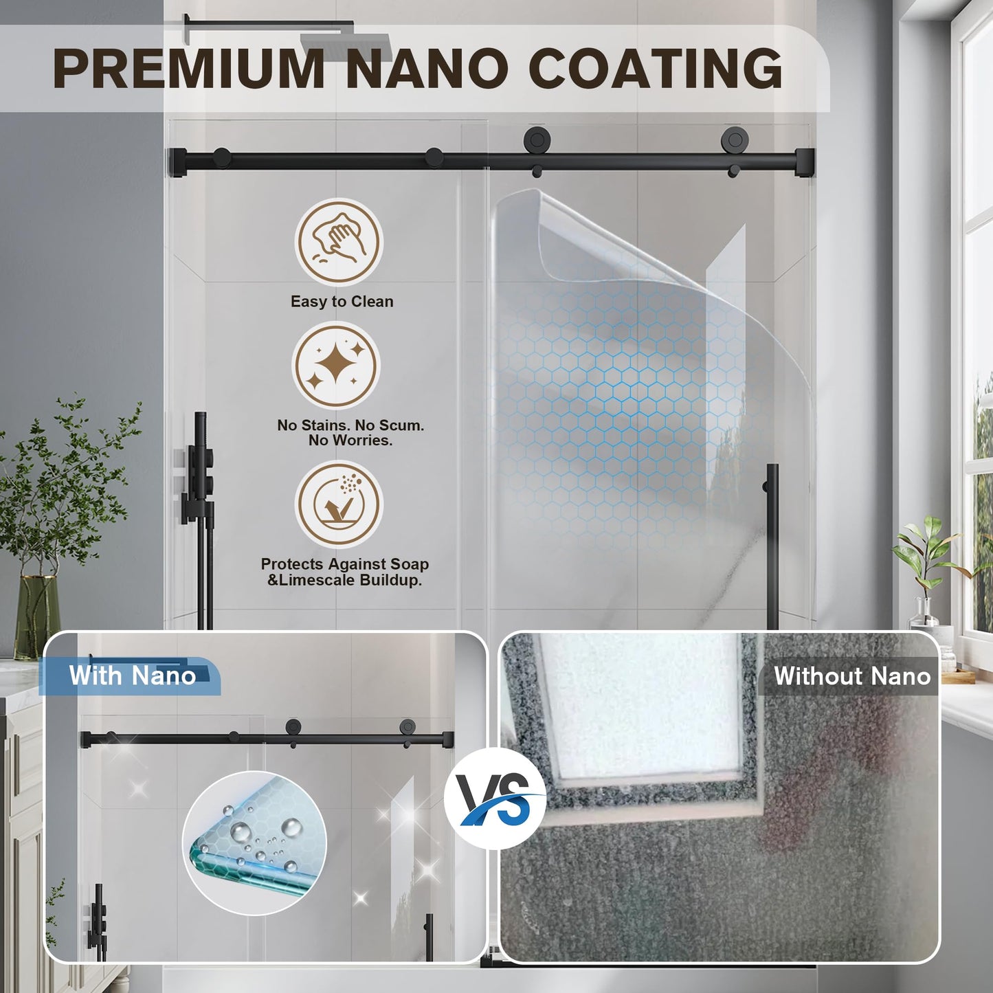 EASYWORC Frameless Glass Shower Door, 61-66" W x 76" H Sliding Frameless Shower Door, 1/4''(6mm) SGCC Tempered Glass, Explosion-Proof Film Nano Coating, Stainless Steel Hardware, Matte Black