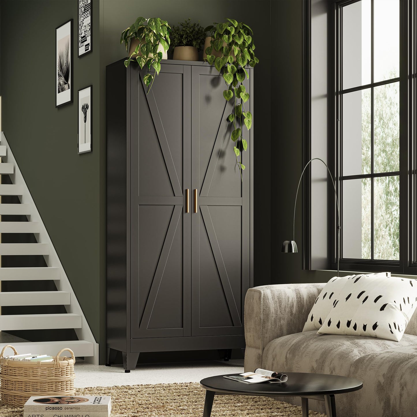 Bevivog 71" Kitchen Pantry Cabinet, Metal Storage Cabinet with 2 Doors and 4 Adjustable Shelves, Farmhouse Tall Metal Pantries Cabinets Storage for Kitchen, Home Office