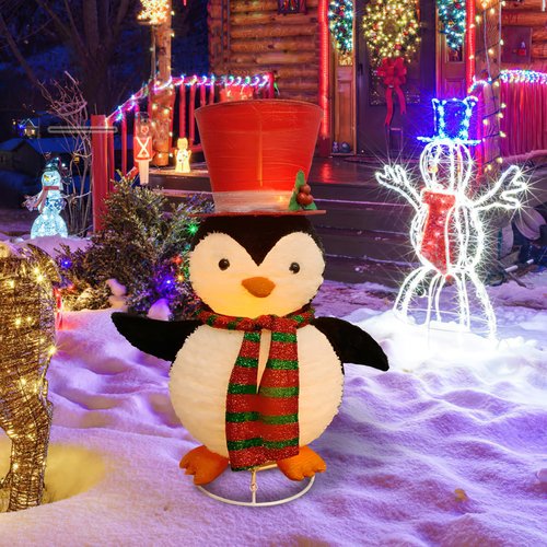 Lighted Christmas Tinsel Penguin, Pop Up Outdoor Christmas Holiday Decoration, 30Inch Light Up Penguin with LED Lights for Indoor Outdoor Xmas Holiday Garden Yard Lawn Decor
