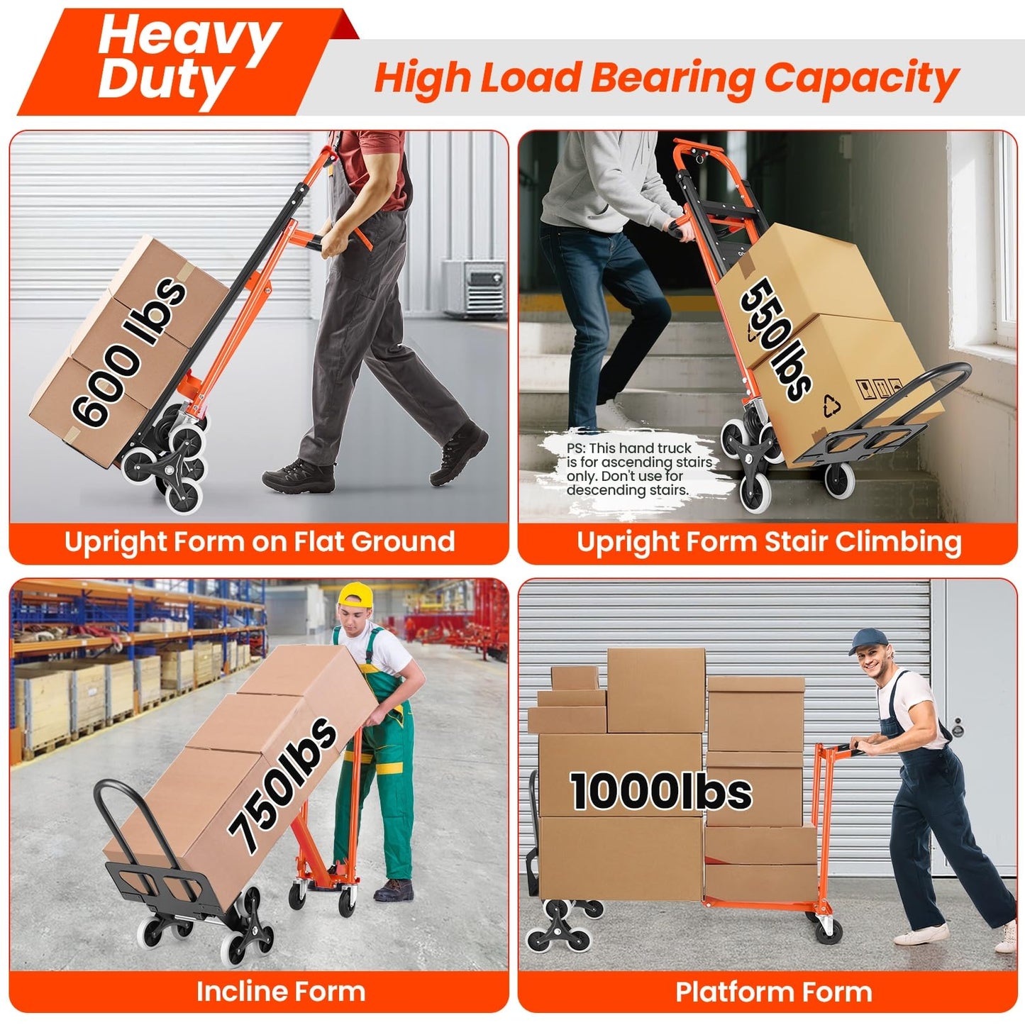 1000LBS Heavy Duty Convertible Hand Truck, 3 in 1 Aluminum Stair Climbing Dolly, Folding Hand Truck Dolly Cart with Solid Wheels for Moving/Travel/Office (Orange)