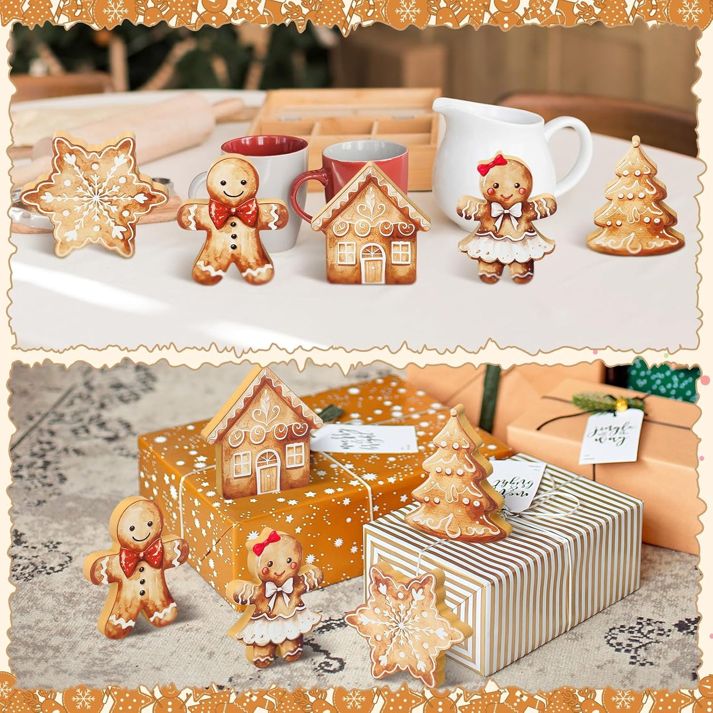 Threehoney Gingerbread Christmas Decorations - 5 Pcs Cute Wooden Table Centerpieces for Home & Office