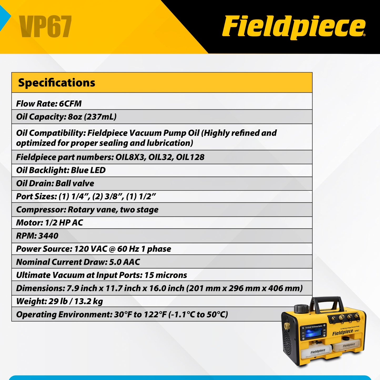 Fieldpiece VP67 Vacuum Pump – 6 CFM, 1/2 HP DC Motor, RunQuick Oil Change System – Portable - Professional HVAC Tool - A2L Compatible