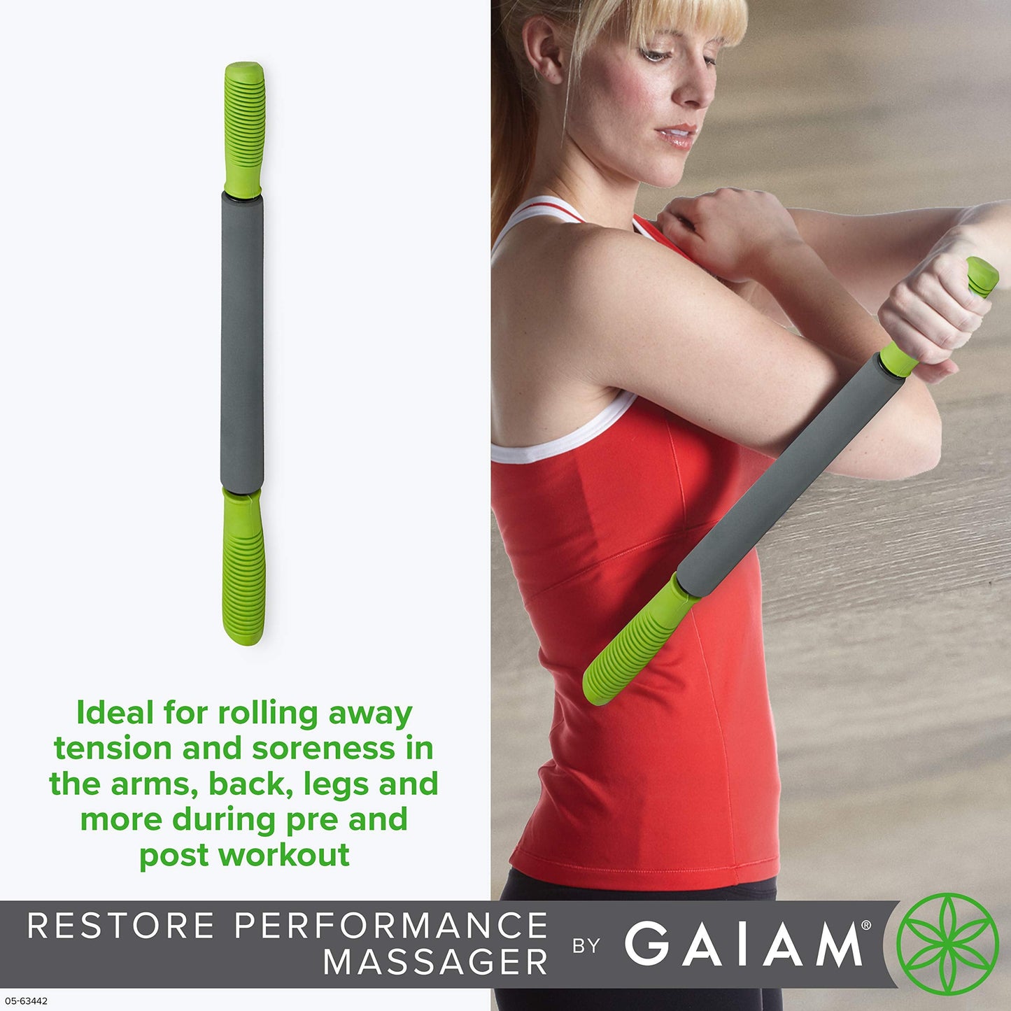 Gaiam Restore Massage Stick Roller - (Dimensions: 19"L) Foam Cushioned Performance Hand Held Muscle Massager | Comfort Grip Handles | Solid Steel Construction
