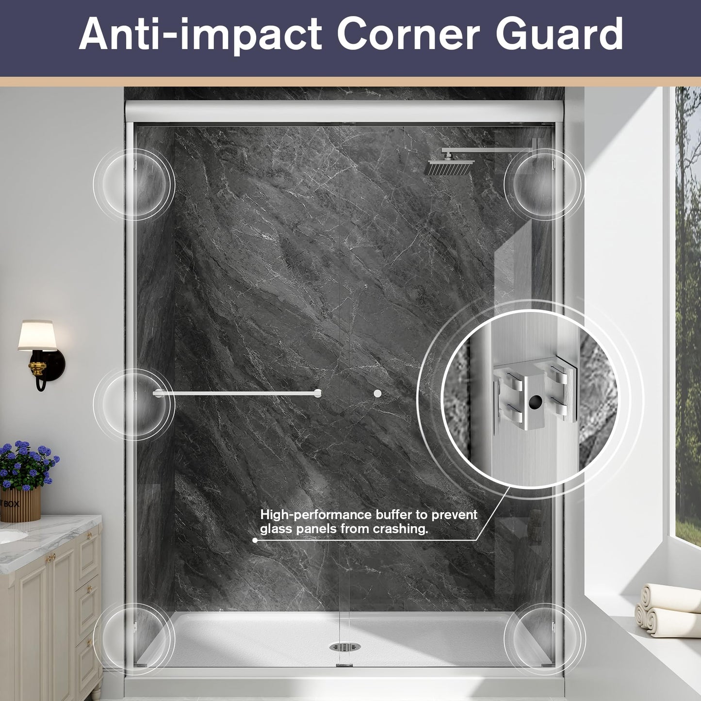 EASYWORC Double Sliding Shower Door, 55"-60" W x 70" H Semi-Frameless Glass Shower Door, 1/4'' (6mm) Clear SGCC Tempered Glass with Explosion-Proof Film and Nano Coating, Brushed Nickel