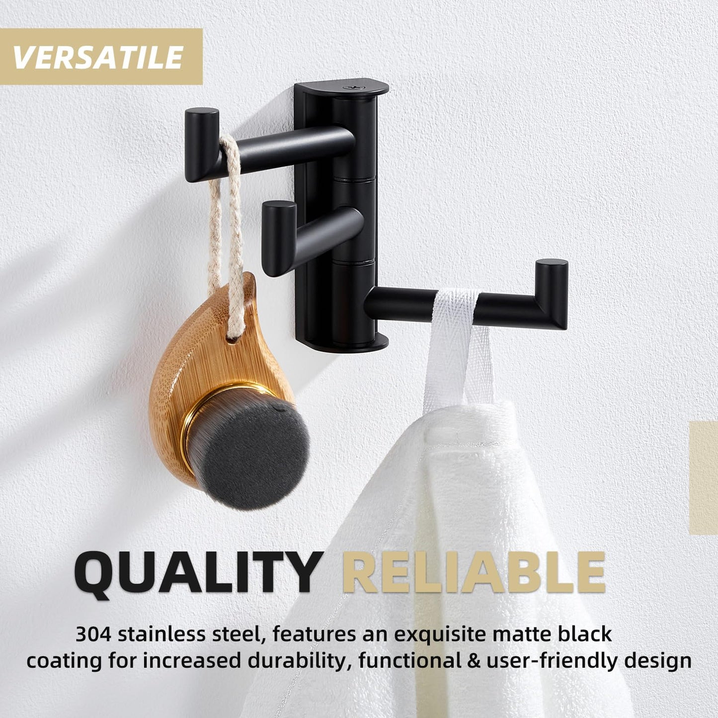 APLusee Swivel Towel Hook, 304 Stainless Steel Foldable Clothes Hook with Multi Three Rotating Arm, Flexible Bathroom Kitchen Storage Hanger Wall Mounted, Matte Black