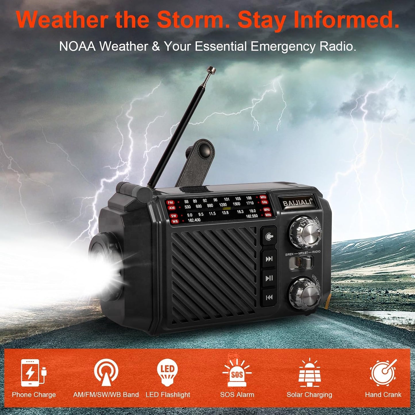 BAIJIALI 2600mAh/9620mWh Hand Crank Emergency Weather Radio with Power Bank, NOAA AM FM Shortwave Portable Radio, Solar