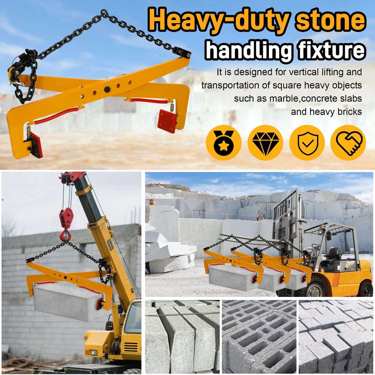 1763 Ibs Heavy-Duty Granite Slab Lifting Clamp, Anti-slip Stone Block Lifter Clamp, Adjustable 14“ -35” Opening - Ideal Vertical Transport Tool for Granite, Concrete, Marble, and Slate