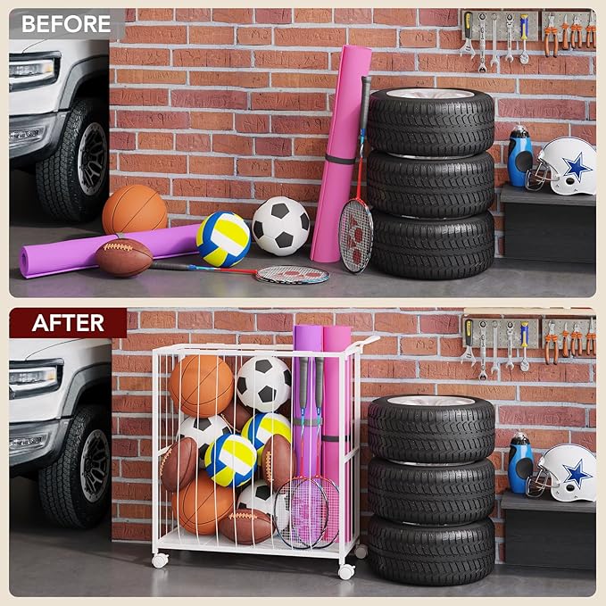 Ball Storage Bin Rolling Sports Ball Cart, Metal Garage Organizer Sport Rack, Ball Basket Storage, Ball Cage for Garage or Gym, Indoor & Outdoor Sports Equipment Organizer white