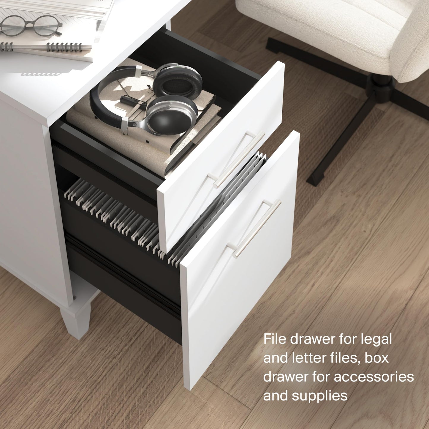 Bush Furniture Somerset L Shaped Desk with Hutch in White | Corner Computer Table with Drawers, Cabinets and Pullout Keyboard/Laptop Tray for Home Office