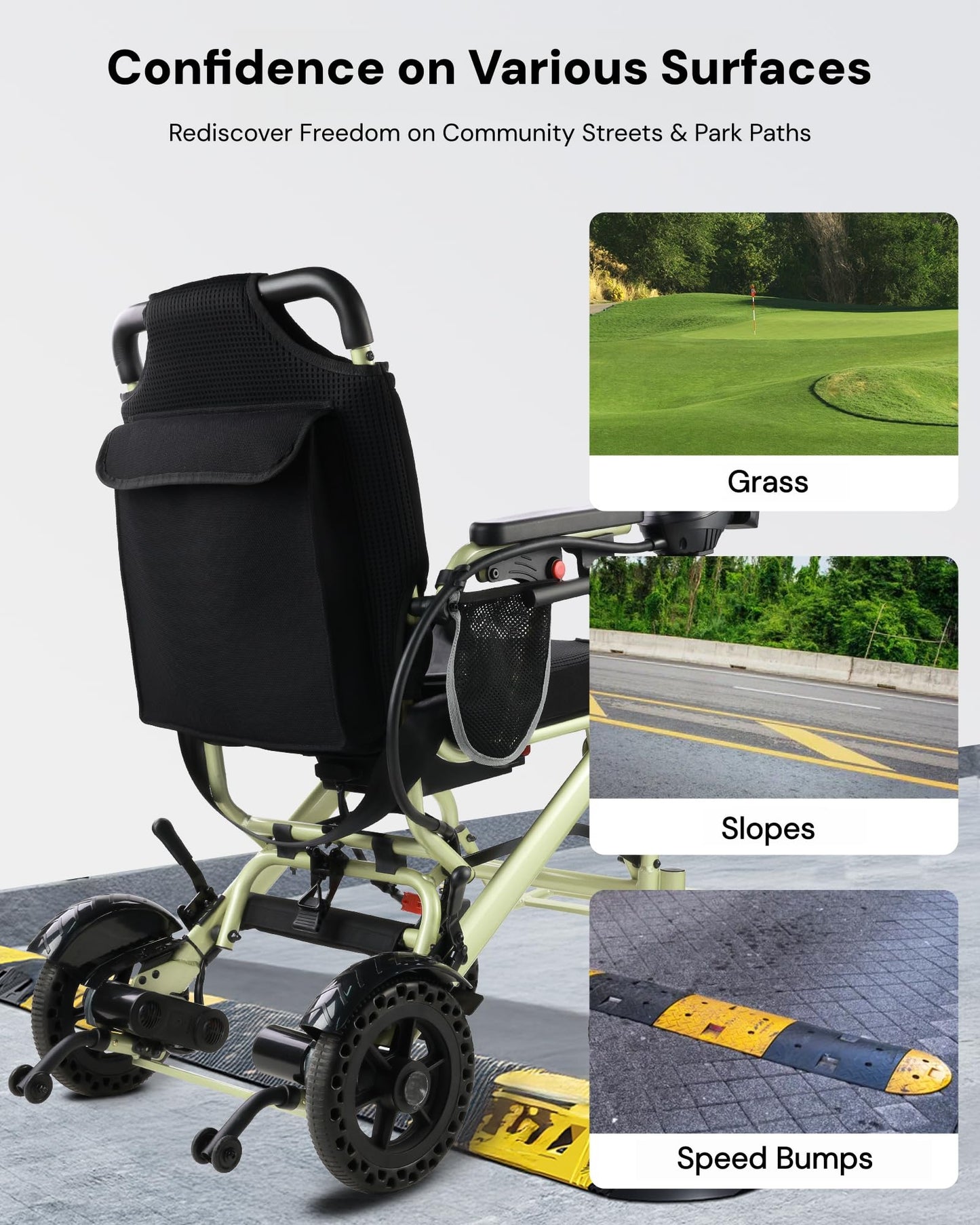 33lb Ultra Lightweight Electric Wheelchairs for Adults - 15 Mi Range & 360W Dual Motor, 330lb Capacity, 2s Instant Foldable Motorized Wheelchair with Removable Battery, Airplane Approved(Apple Green)