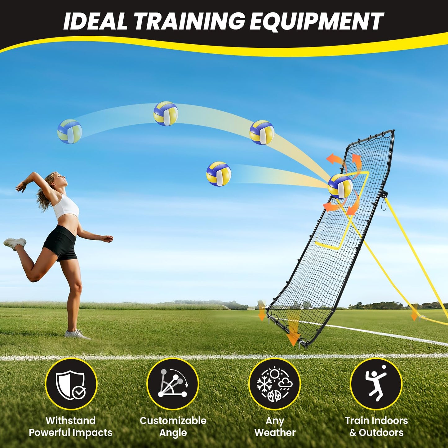 BAGAIL Volleyball Rebounder Net 7x4 Ft, Bounce Back Training Equipment with Unique Curved Frame for Better Catching, 5 Adjustable Angles for Volleying & Spiking, Easy Set Up & Sturdy Base - Yellow