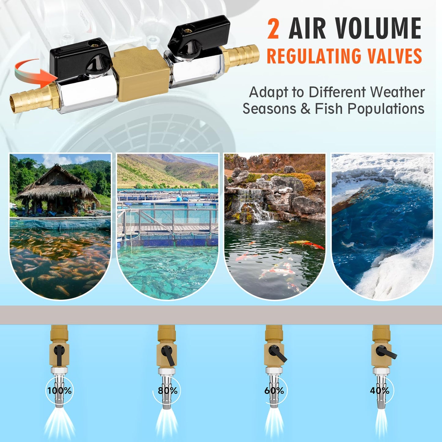 Pond Aerator, 3/4 HP Compressor for Up to 3 Acres, Dual Adjustable Outlets, Timer, Valves. Bubbler Up to 60 Feet Deep, Pond Aerators/Pond Pumps for Outdoor Ponds