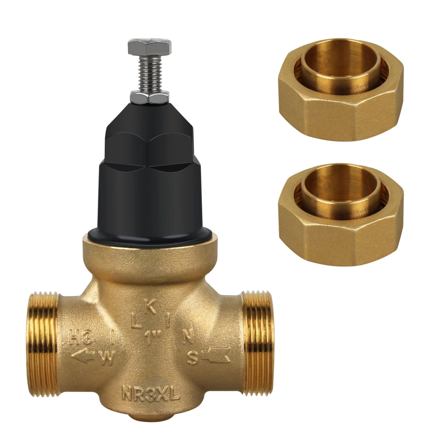 Water Pressure Regulator 1-NR3XLDU 1" with Double Union FNPT Connection Adjustable 15-75 PSI, Built-In Stainless Steel Strainer for Home, Commercial, Plumbing Applications