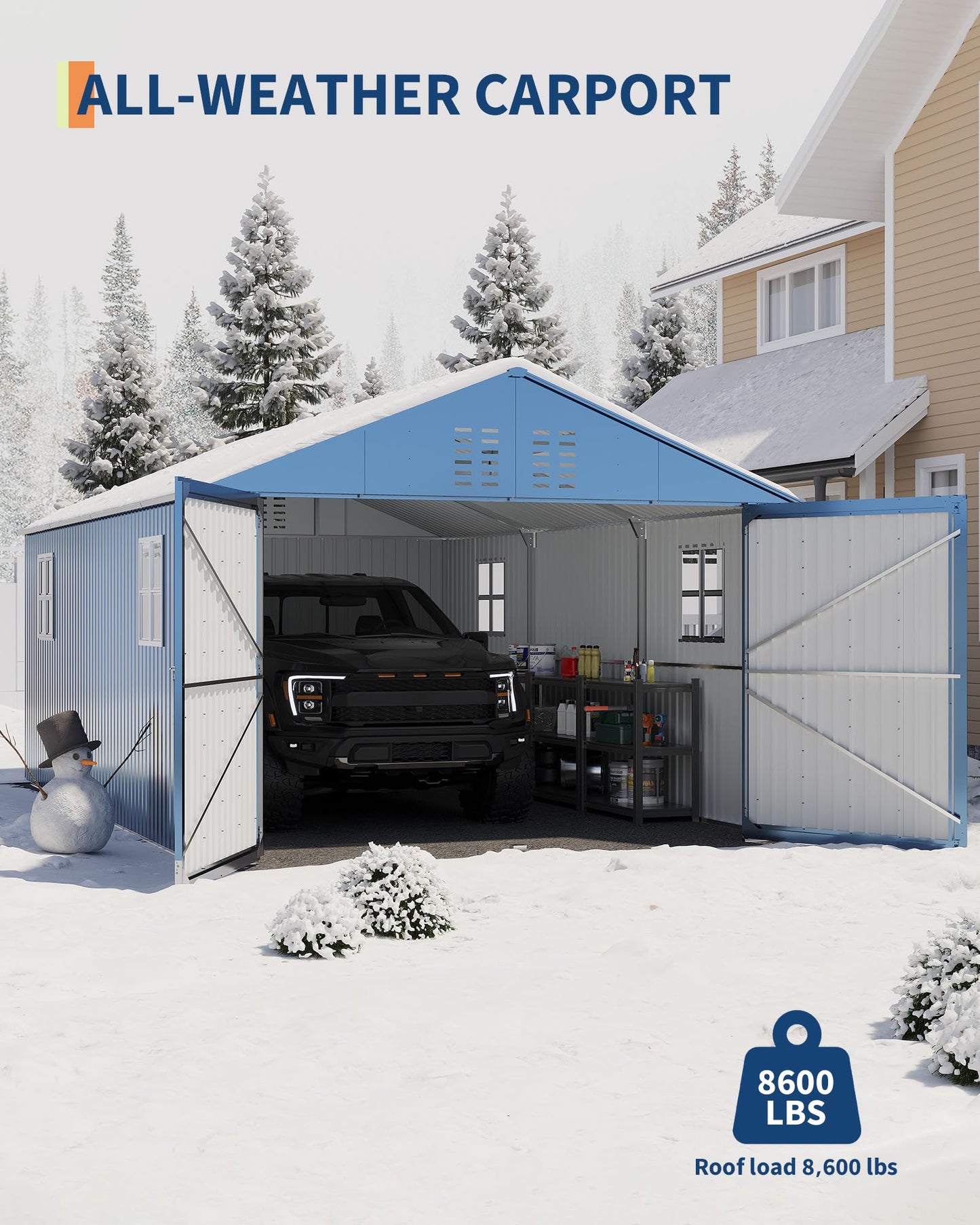 GarveeLife 12x20 ft Metal Carport, Enclosed Car Port with Reinforced Frame and Steel Roof for All-Weather Use, Metal Garage Shed for Full-Sized Pickup Trucks