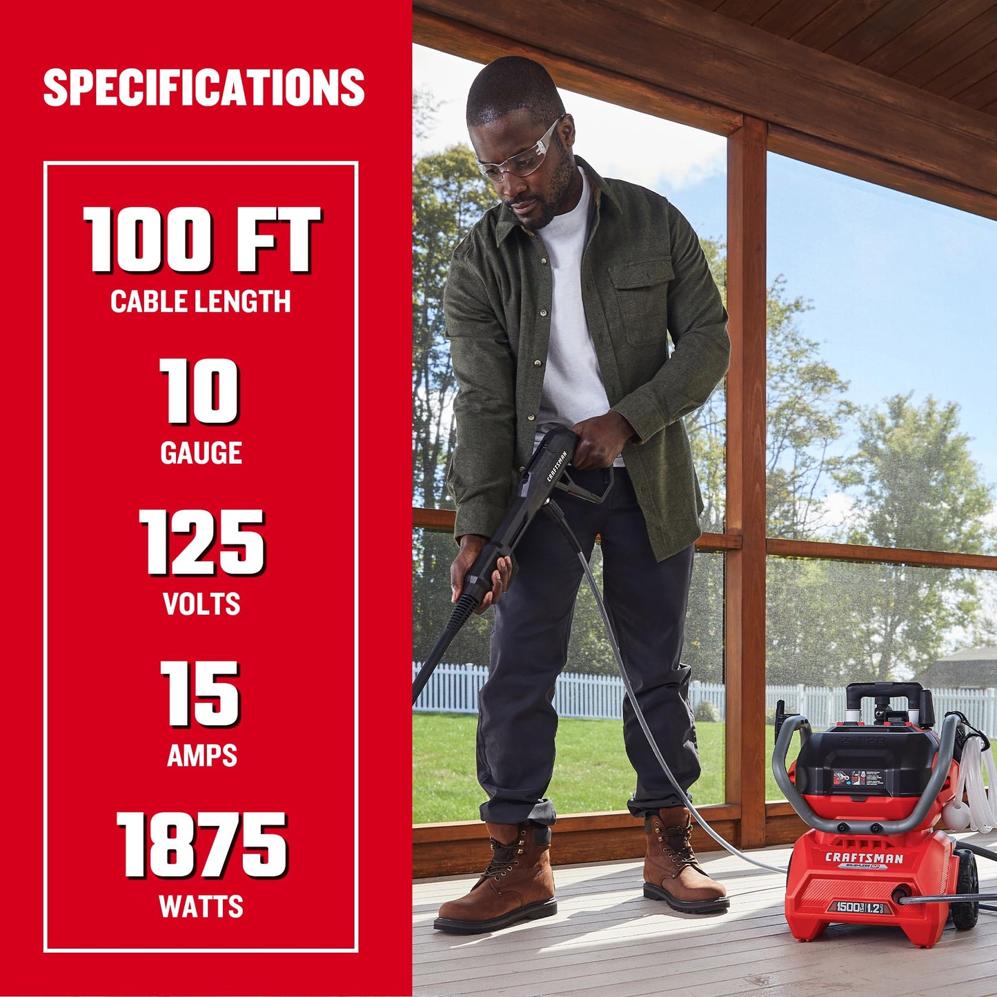 CRAFTSMAN 100 Ft. Heavy-Duty Industrial Extension Cord, 10/3 SJTW Indoor/Outdoor Waterproof Power Cable with Lighted 3-Prong Plug, Storage Strap & Flexible Jacket, 15A/1875W/125V