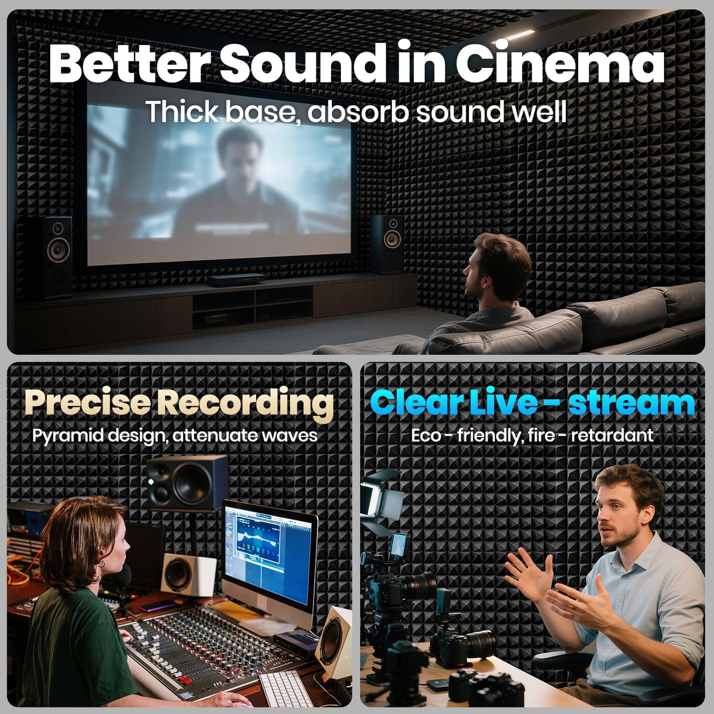 Focusound Acoustic Panels 50 Pack 2"x12"x12" with 300 PCS Double-Side Adhesive - Sound Proof Pyramid Foam for Walls, Home Studio Noise Absorption & Echo Control Kit