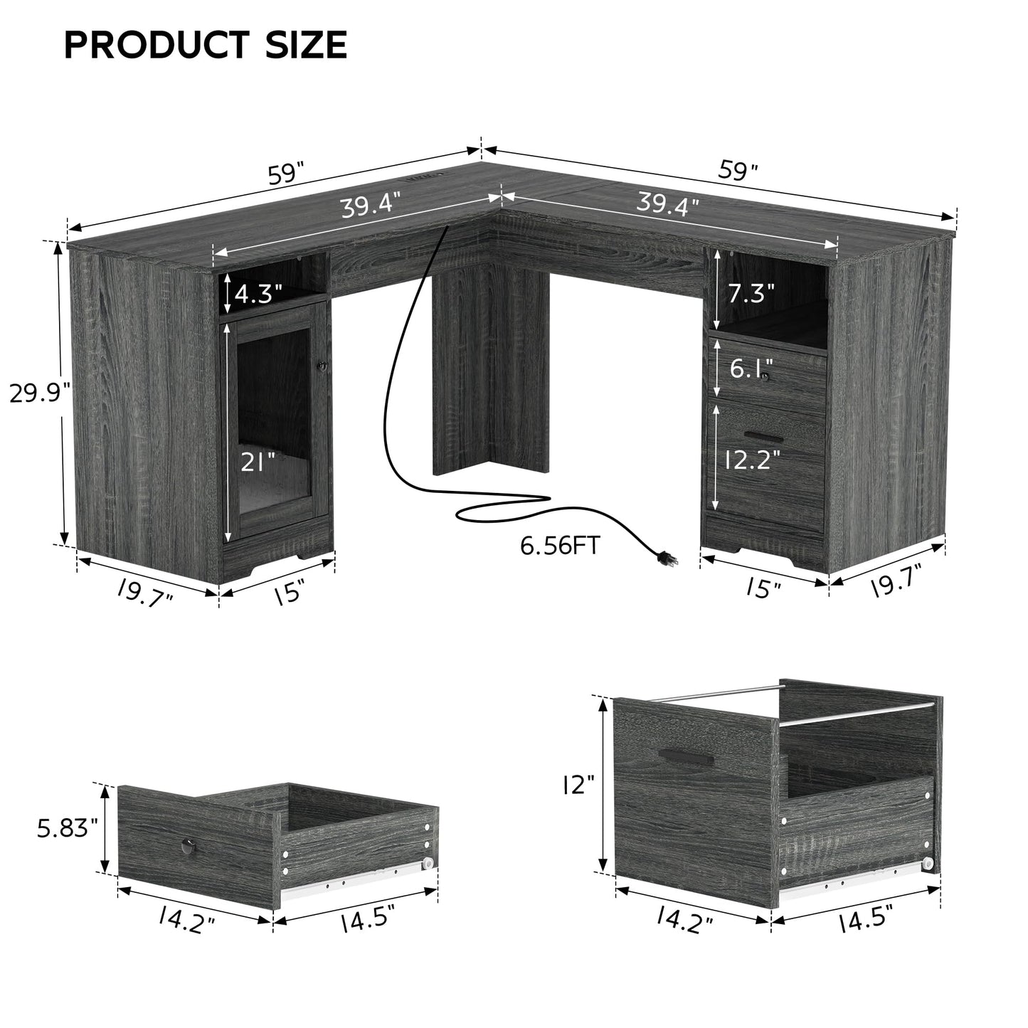 MU L Shaped Desk with File Cabinet, Corner Computer Desk with Storage Drawers, Large Home Office Table with Power Outlets, 60 Inch (Grey)